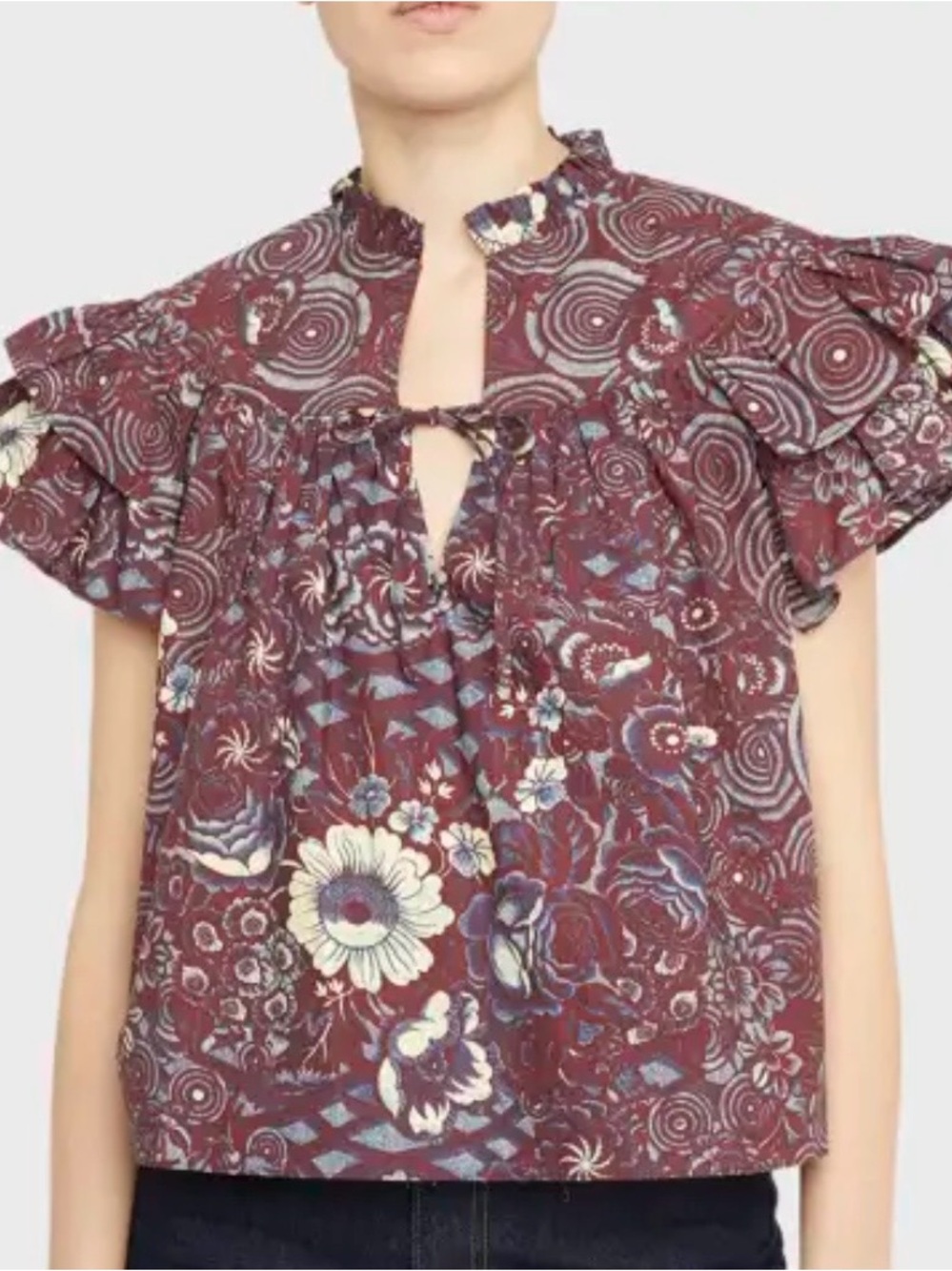 Ulla Johnson Plum Floral Ruffle-Sleeve Top - Picture 4 of 7